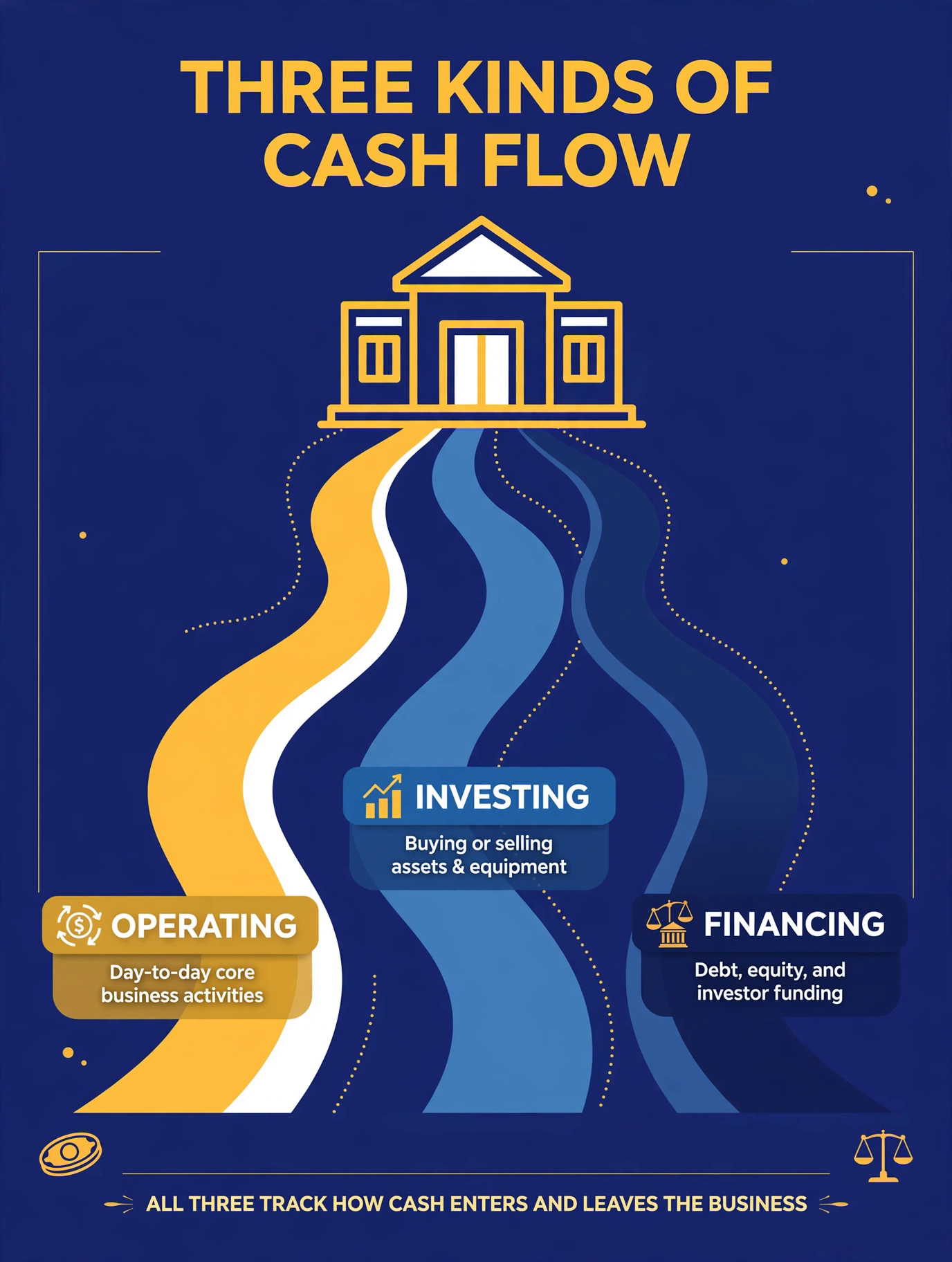 The three types of cash flow — operating, investing, financing — shown as pipes flowing in and out of the company
