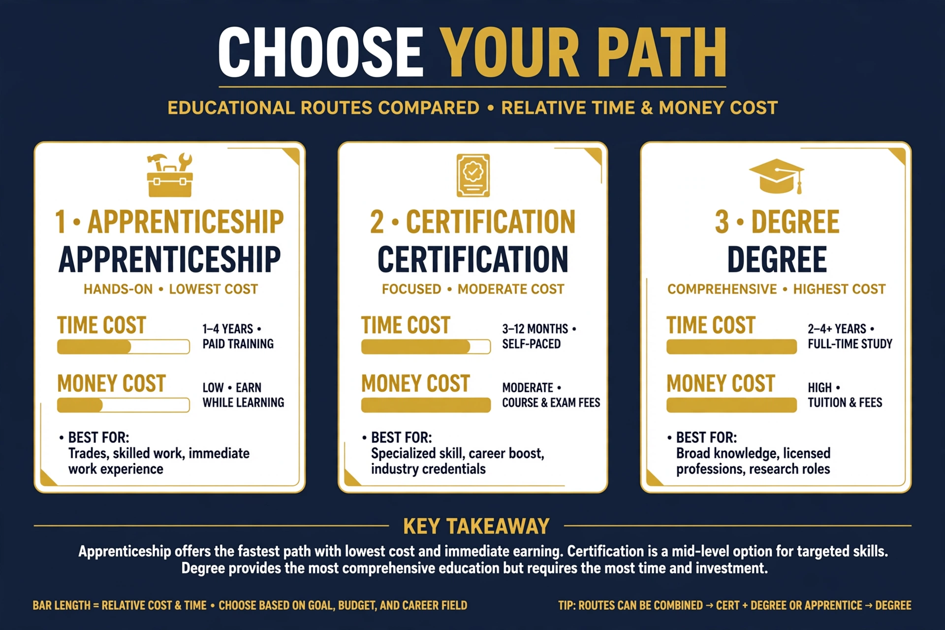 Three training routes compared side by side: apprenticeship, certification, and degree