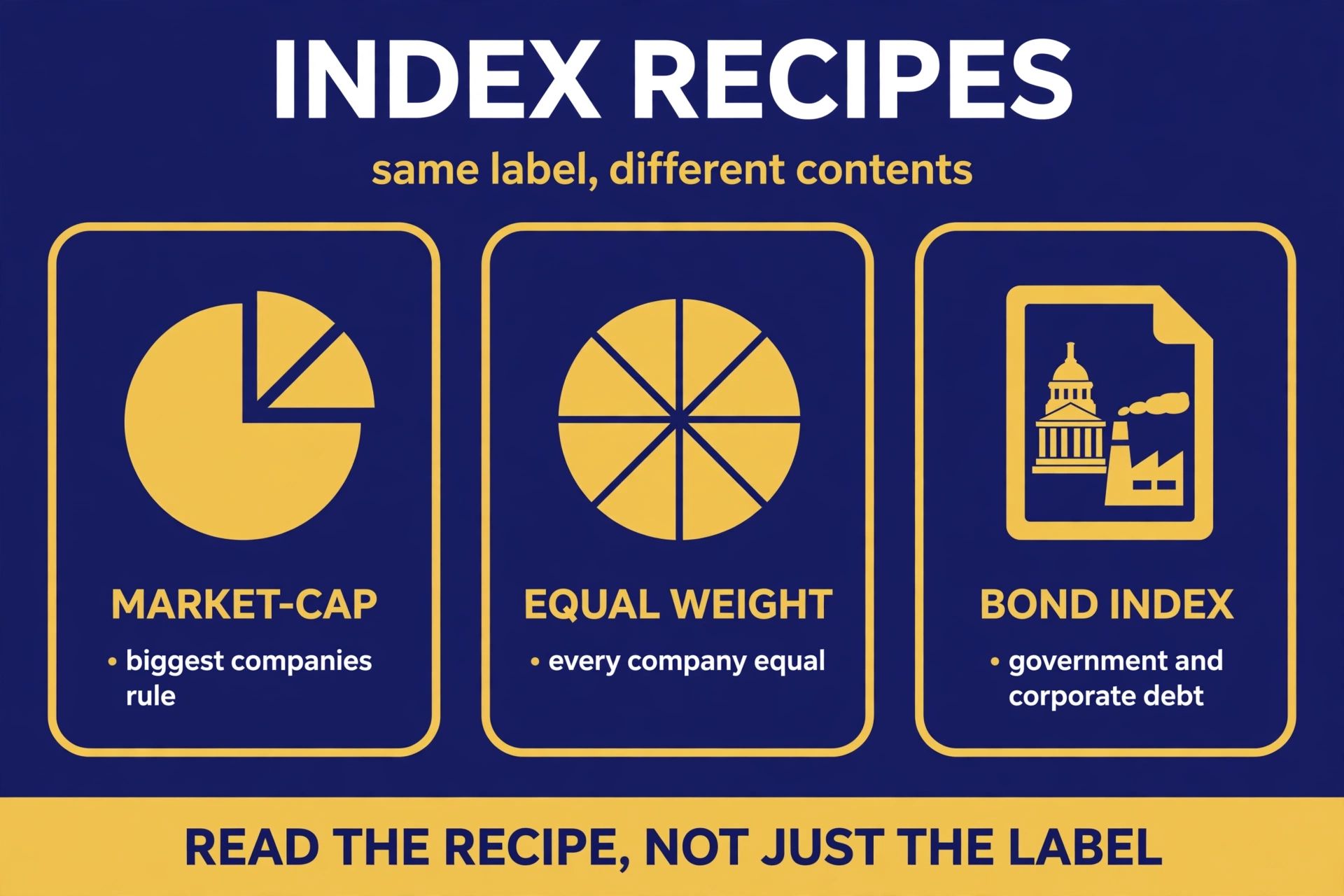 Three index recipes side by side: market-cap weighting dominated by the biggest companies, equal weighting with identical slices, and a bond index holding government and corporate debt