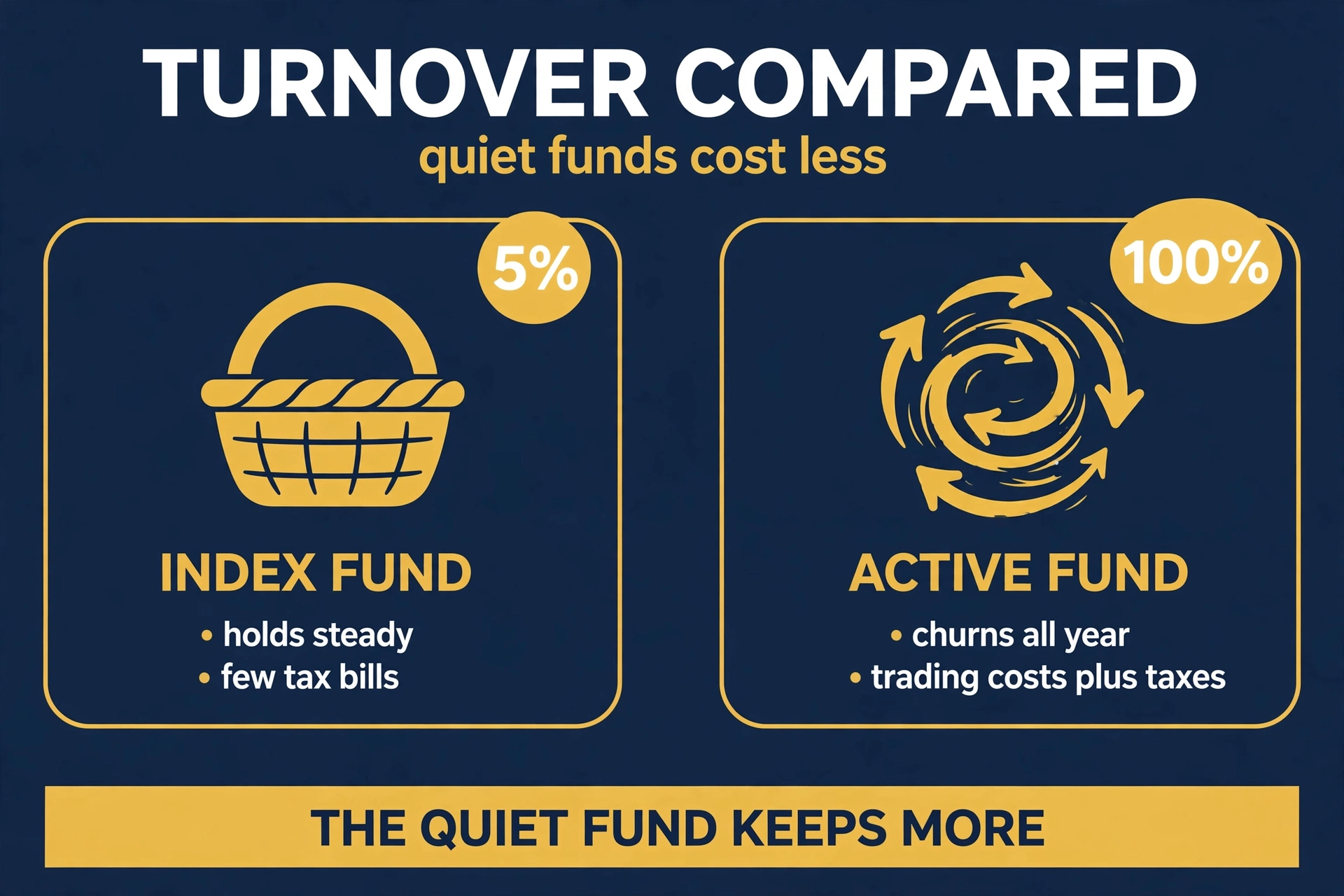 Turnover compared: an index fund holding steady with single-digit turnover versus an active fund churning its whole portfolio every year, generating trading costs and taxable distributions