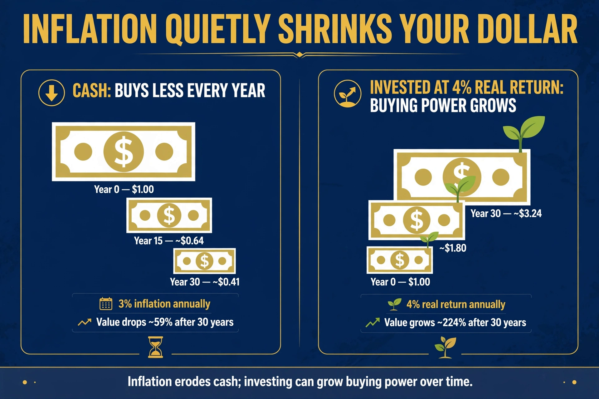 A dollar bill shrinking over 30 years at 3% inflation, next to an invested dollar growing in purchasing power at a 4% real return