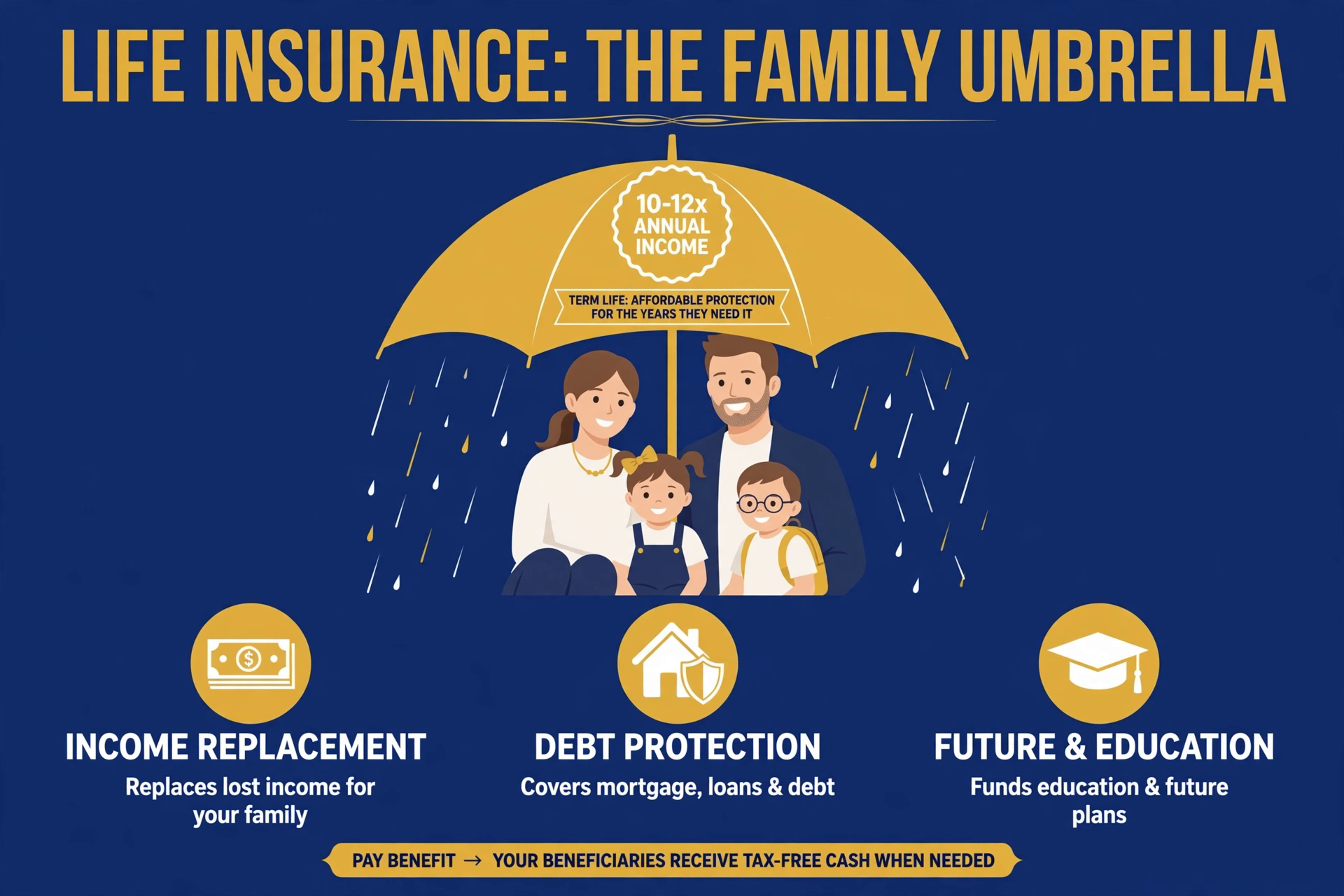 A family protected by an umbrella labeled life insurance, sized at 10 to 12 times the breadwinner's income, with term life shown as the affordable option