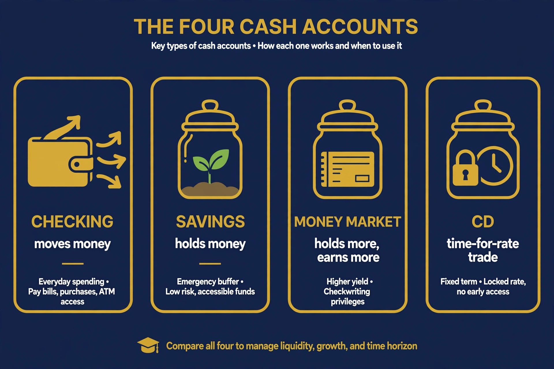 The four cash accounts: checking moves money, savings holds money, money market earns more, CDs trade time for rate