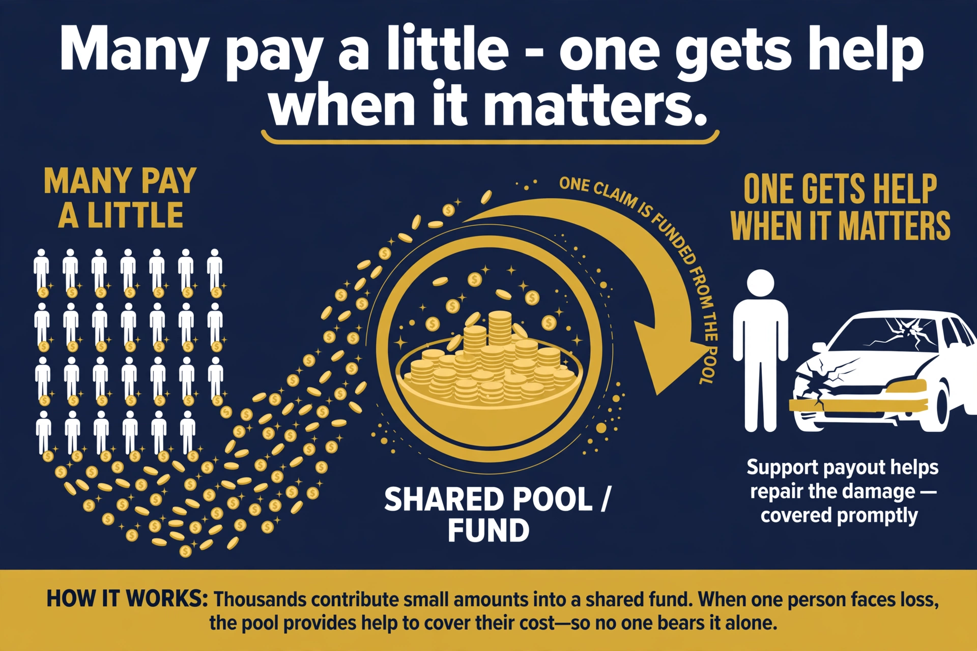 Many small contributions flowing into one shared pool that pays out to a single person with a big loss