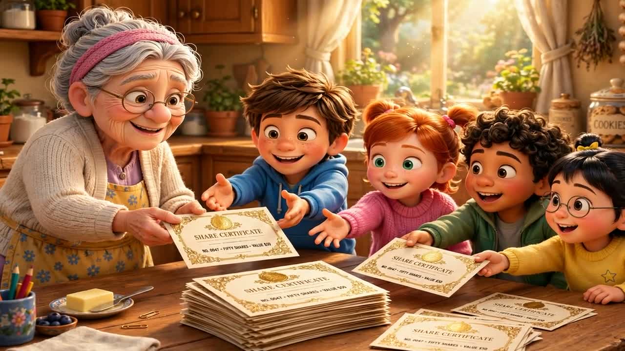 A grandmother hands out labeled share certificates