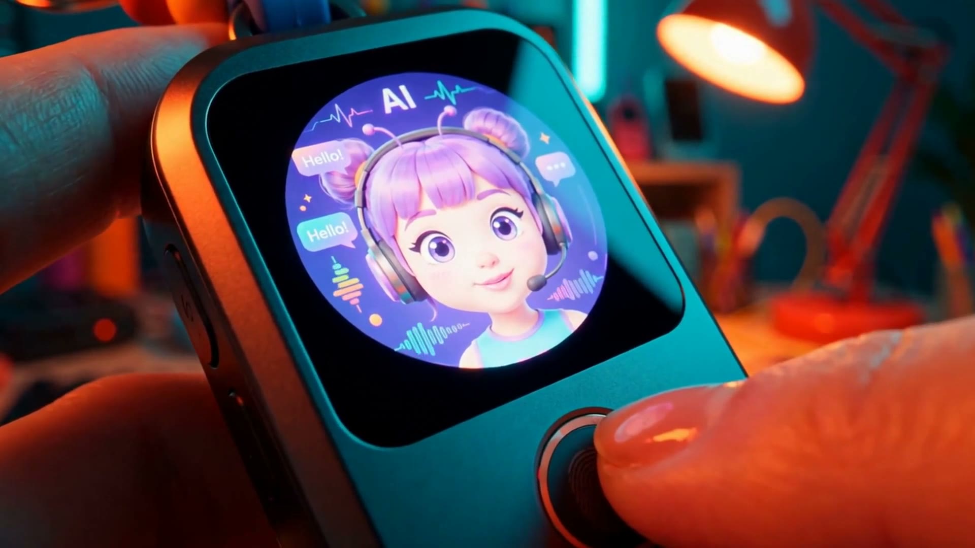 A hand holding the Muse Charm device with its avatar on screen